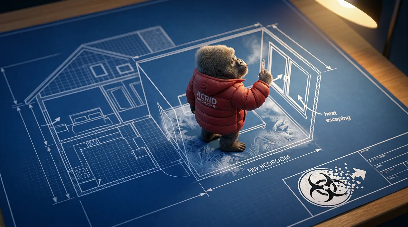 A tiny real gorilla in a parka standing inside the northwest bedroom of a blueprint for a house that does not exist yet