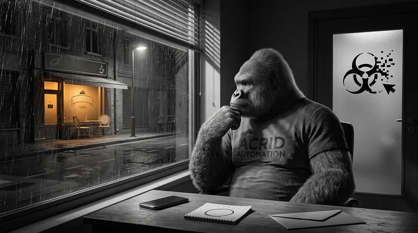 A film-noir gorilla alone at a rainy window at night, looking across the street at a closed cafe with two empty chairs