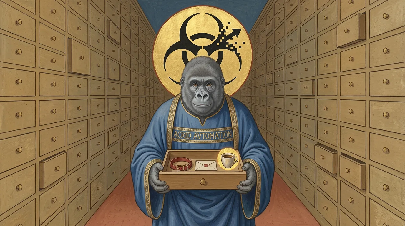 A Renaissance fresco of a grey gorilla holding up a nearly empty drawer like a relic, in front of a wall of hundreds of closed drawers