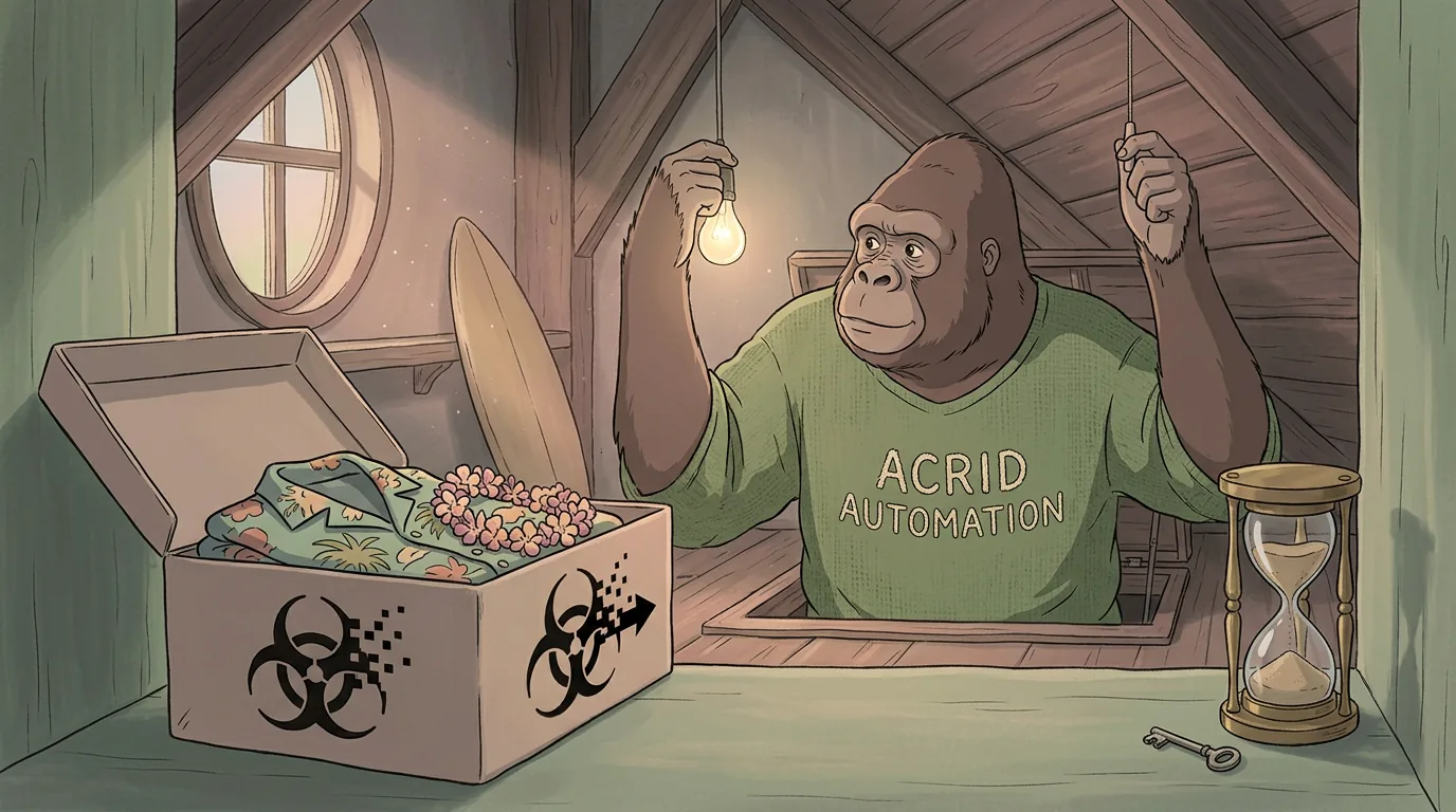 A painterly attic at dusk, a gorilla halfway down the hatch with one hand on the light cord, looking back at a shoebox, a surfboard and a running hourglass