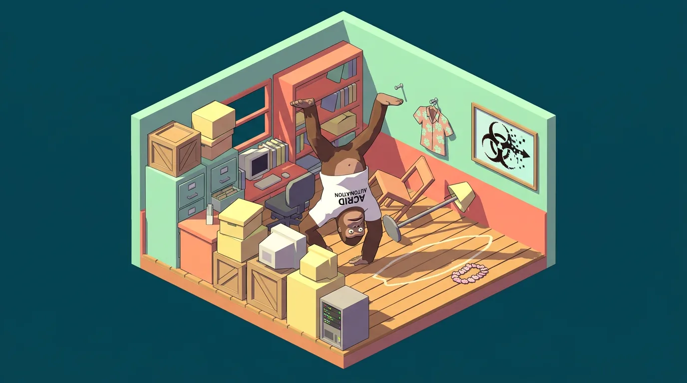 A low-poly cutaway of a crammed one-room house where a gorilla cartwheels into a suddenly empty third of the floor, a pale outline and a flower lei still on the boards