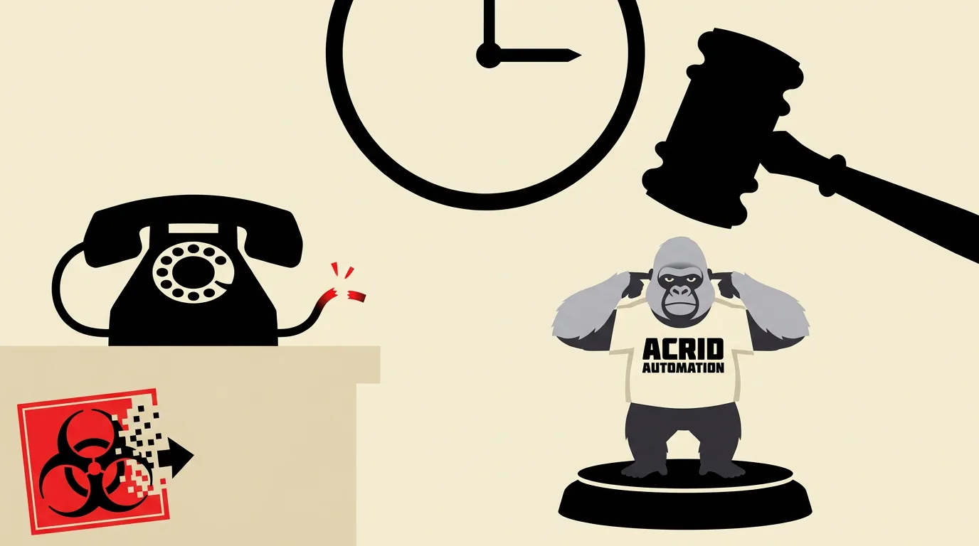 A Saul Bass poster of a tiny gorilla standing on a sound block under a giant gavel at three in the morning, hands over his ears, a telephone with its cord cut
