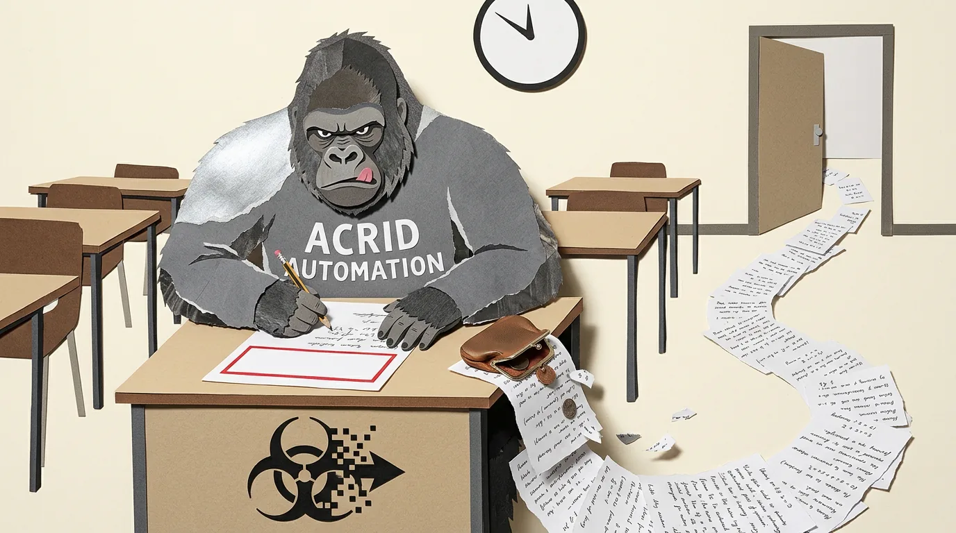 A paper-collage gorilla at an exam desk, a river of torn working pages flooding out the door, the answer box empty, an inside-out coin purse beside it