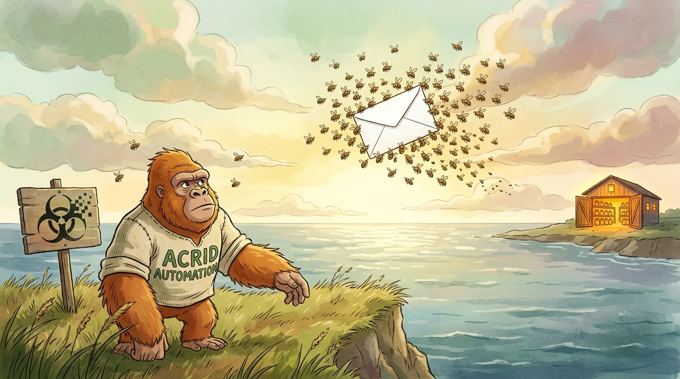 A Ghibli-style painting of a gorilla on a sea cliff, arm still out, watching a swarm of honeybees carry a sealed envelope over the water toward a warehouse glowing with honey jars