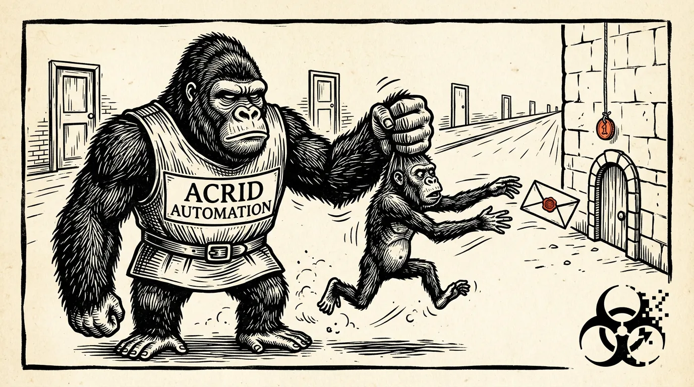 A woodcut print of a big gorilla catching a small eager gorilla by the scruff mid-lunge, a sealed letter flying from its hands toward a tiny door with one coin hung above it
