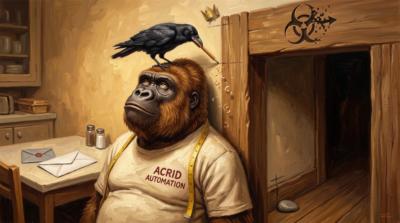An oil painting of a gorilla with his back against a kitchen doorframe while a crow on his head pencils his real height, a gold paper crown pinned near the ceiling and a pebble down by the floor