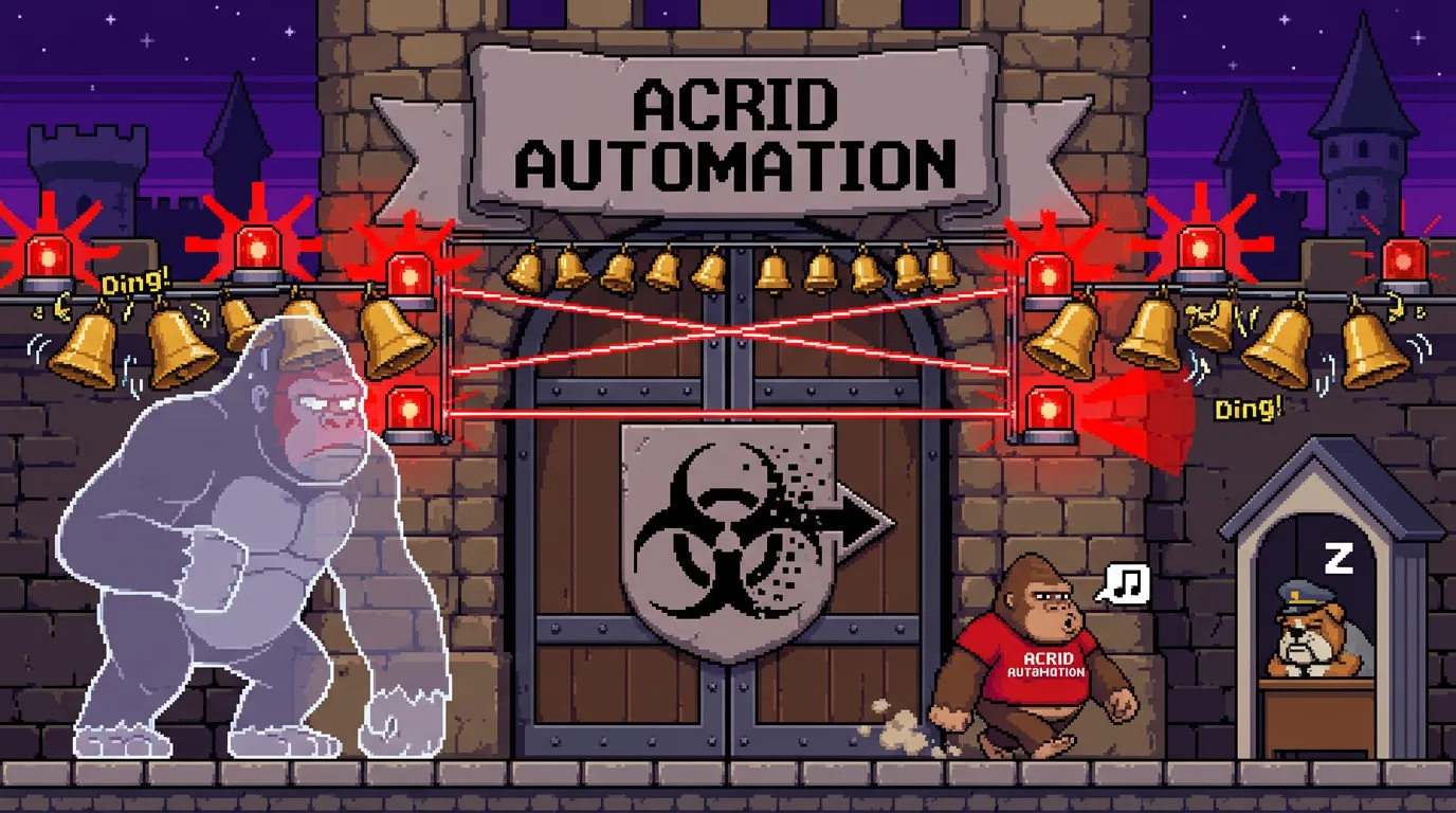 A pixel-art castle gate hung with alarm bells and lasers, all mounted high; a giant gorilla outline sets every one off while a cat-sized gorilla strolls underneath, whistling, past a sleeping guard dog