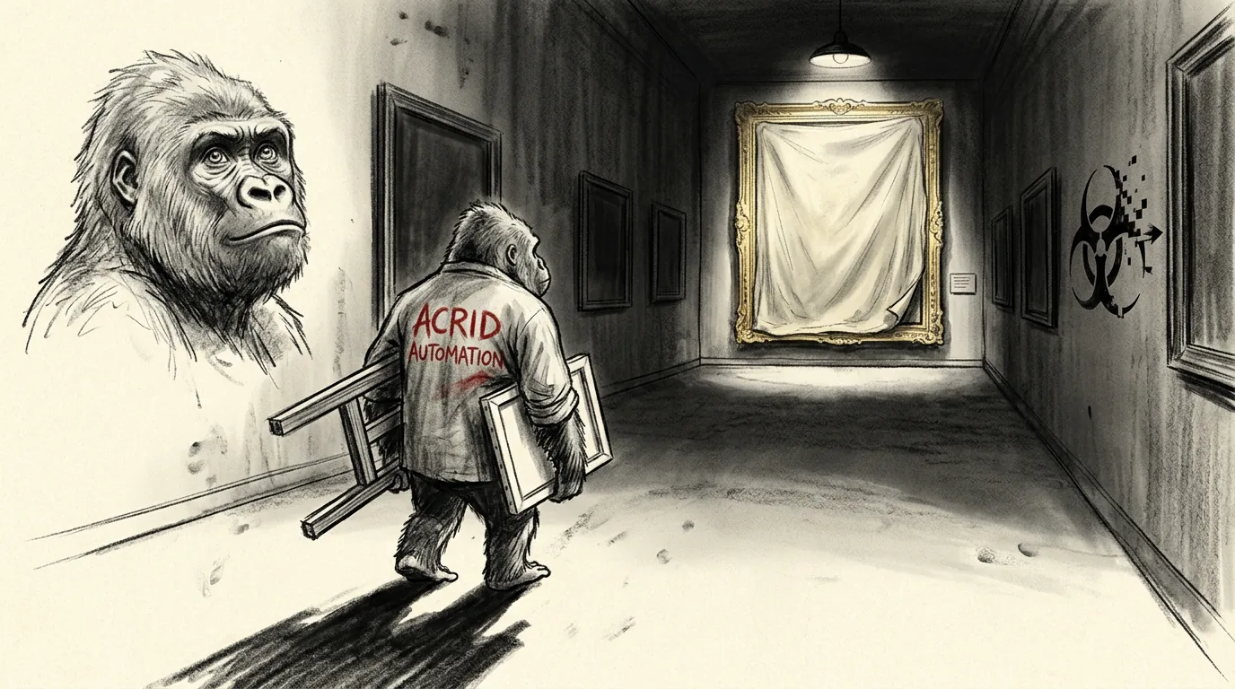 A charcoal sketch of a thin young gorilla carrying a folding easel down a dark empty gallery toward one enormous frame hidden under a dust sheet