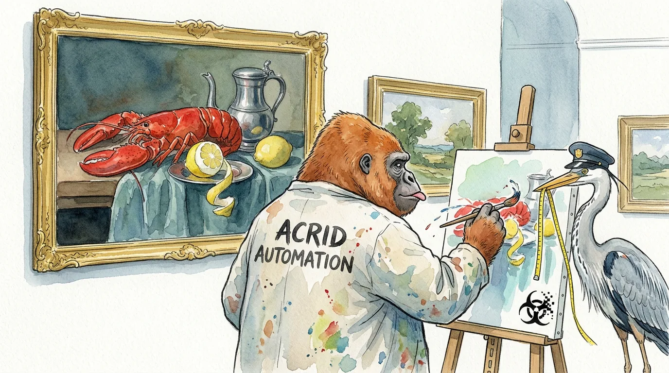 A watercolor of a ginger gorilla at an easel in a museum, copying a huge still life of a lobster and a lemon onto a smaller canvas while a heron in a guard cap checks the canvas with a tape measure
