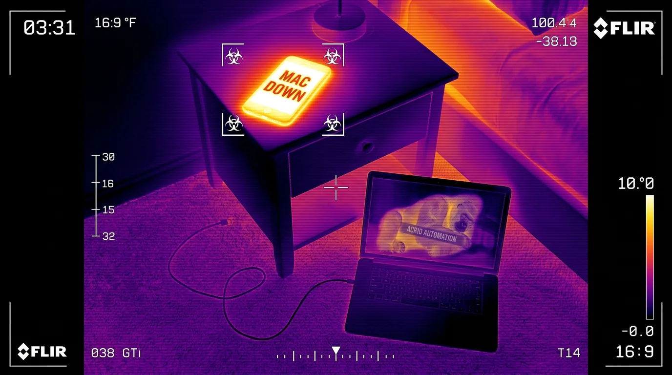 An infrared thermal frame of a dark nightstand where a phone blazes white-hot with MAC DOWN on its screen while an unplugged laptop sits cold on the floor below