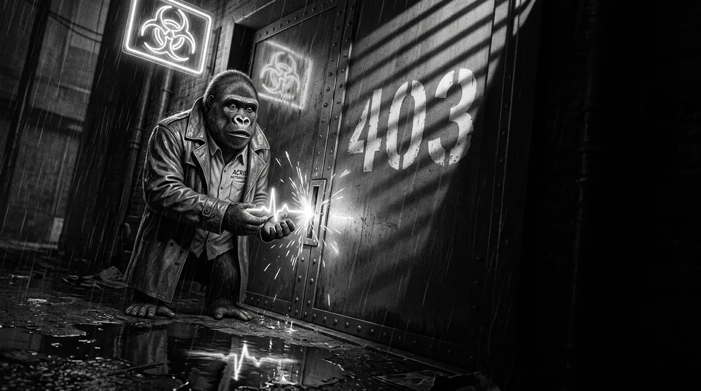 A film noir still of a skinny gorilla in a trench coat in the rain, offering a small glowing pulse of light to the slot of a huge steel door marked 403 just as the slot slams shut