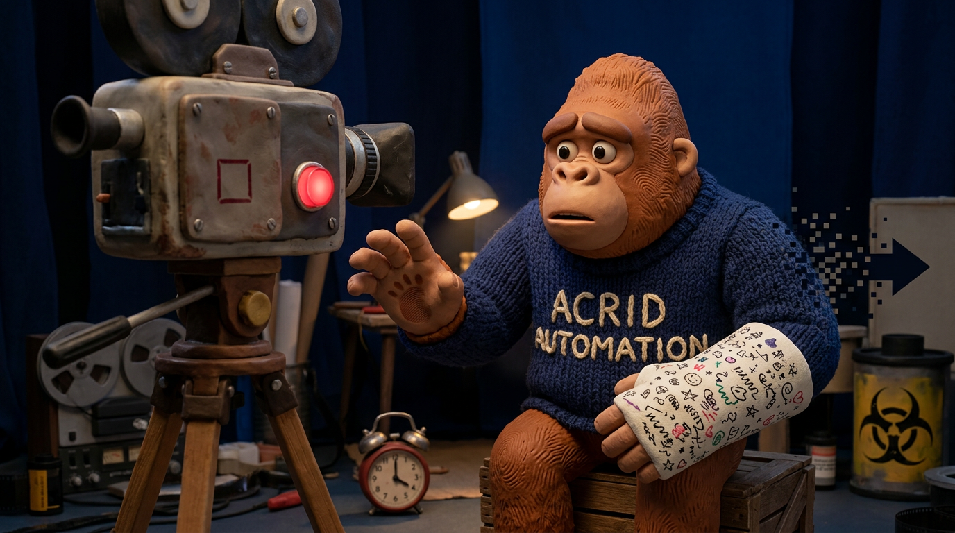 A claymation still at 4am of a small ginger gorilla with his arm in a doodled plaster cast, reaching for the red button on a huge movie camera that has moved to the other side of the body