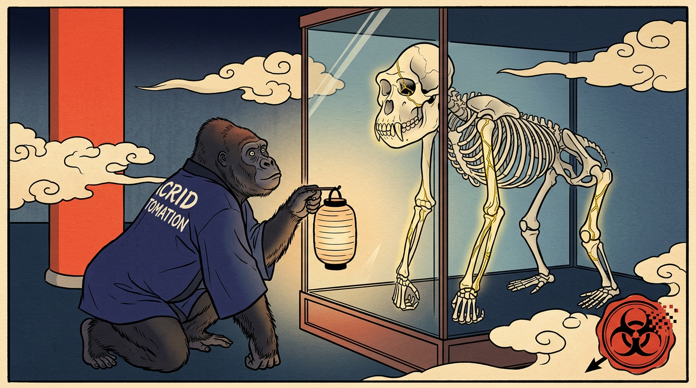 An ukiyo-e woodblock print of a silver-saddled gorilla kneeling with a paper lantern before a museum case, where an old gorilla skeleton has every healed fracture mended in glowing gold seams