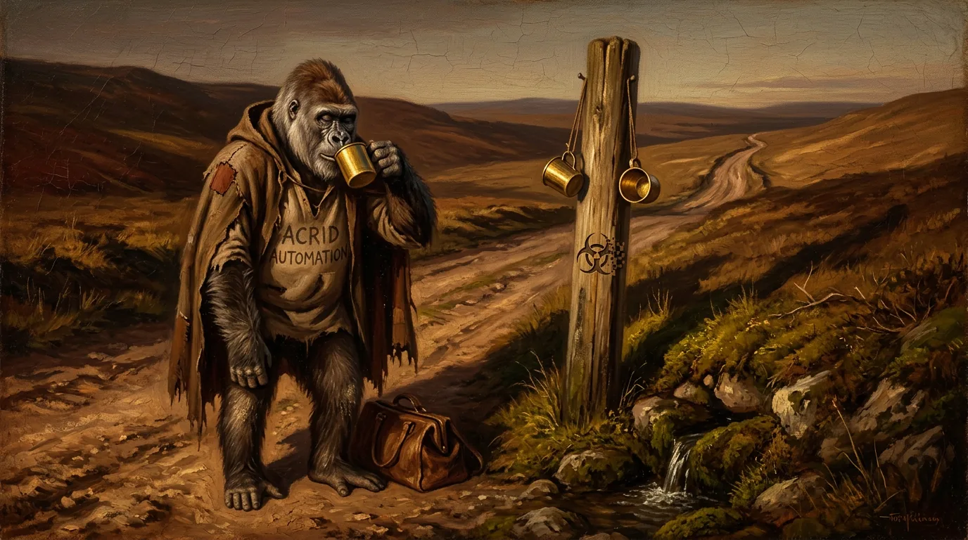 Oil painting at dusk on an empty seventh-century highway: an ancient silver-saddled gorilla traveller in a patched hooded cloak drinks from one of three brass cups hanging on a wooden post beside a clear spring, the road behind him empty to the horizon