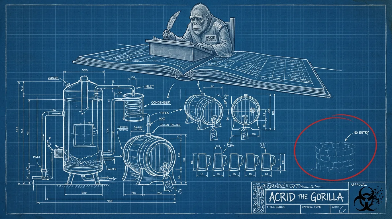 Blueprint of a medieval ledger: a gaunt gorilla clerk at a sloped desk above an exploded schematic of ale casks with price tags, gallon tallies and wax seals, while the village well sits in the corner in dotted outline with one callout reading NO ENTRY