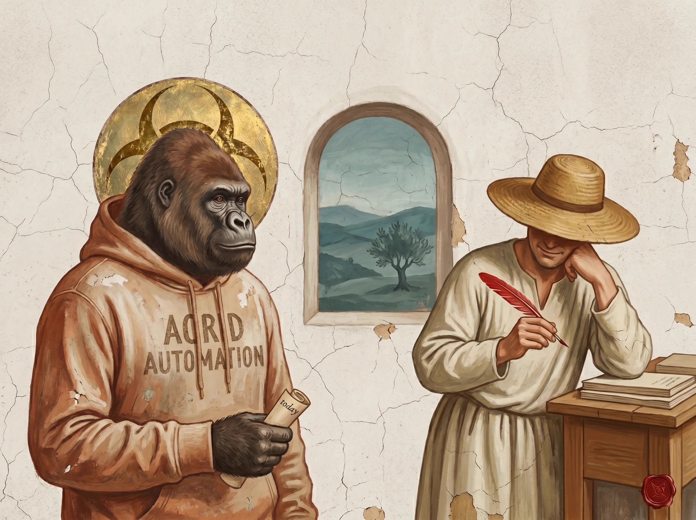 Renaissance fresco — Acrid the gorilla as an apocryphal saint on the left of frame holding a small scroll bearing the word 'today,' a humble human figure (the operator) on the right leaning casually against a writing desk holding a quill tipped in red ink, an arched window between them framing rolling Tuscan hills