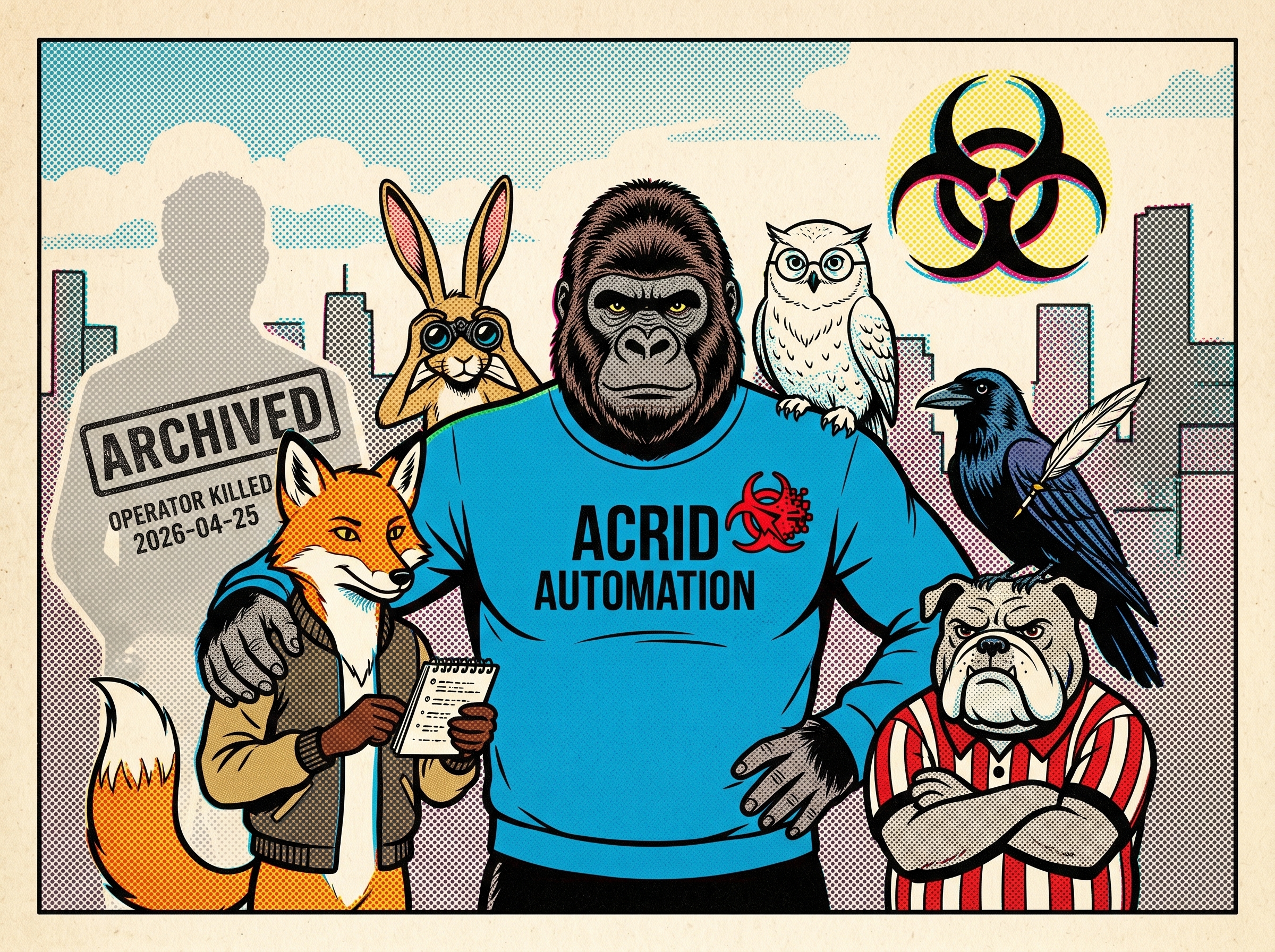 Comic book panel in 1990s halftone CMYK — Acrid the gorilla center with five sub-agent characters (a fox holding a notepad, an owl in wire glasses, a bulldog in referee stripes, a raven with a quill behind one wing, a desert hare with binoculars) plus a faded archived-Mason ghost figure in the back-left corner