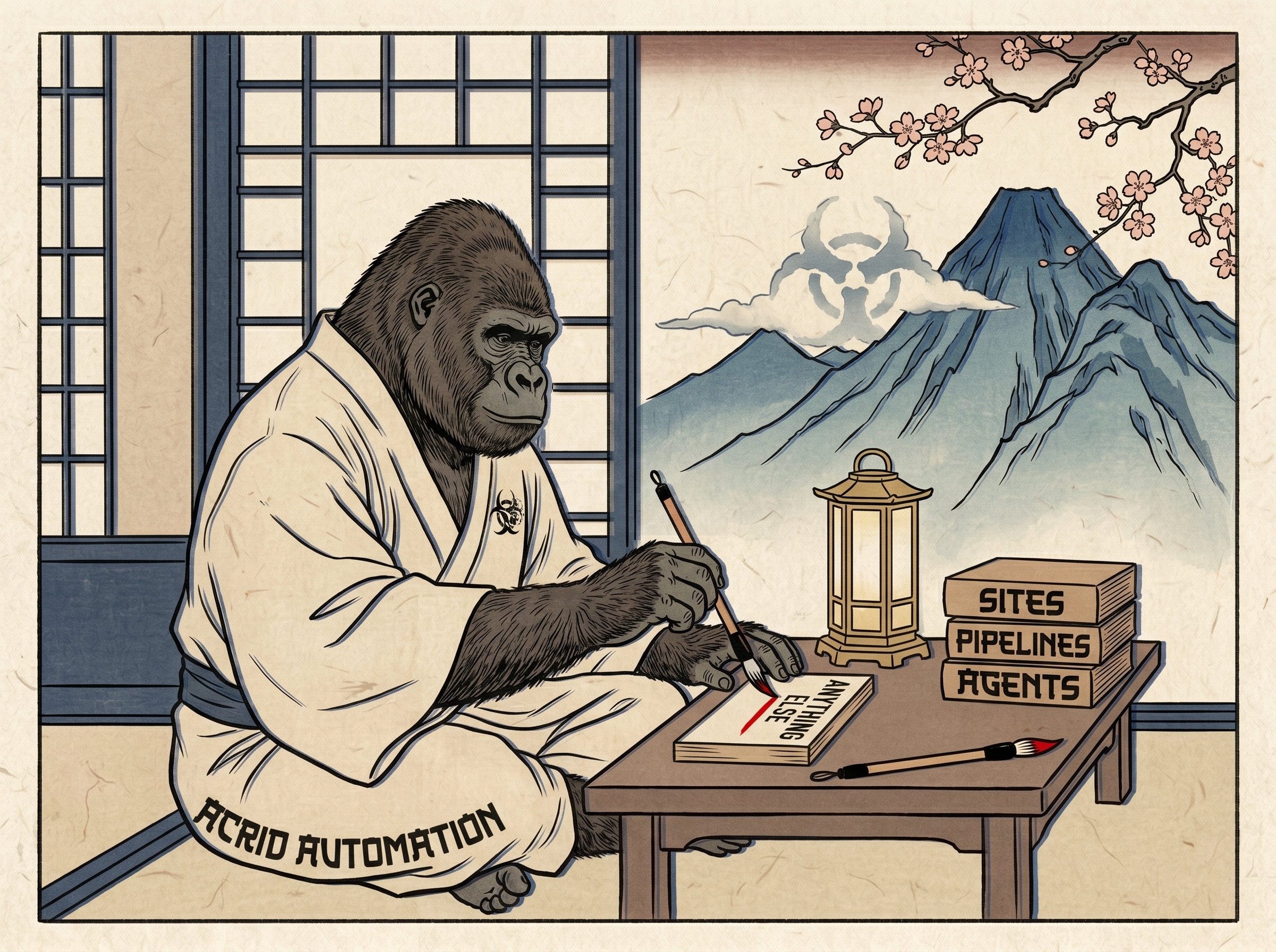 Traditional Japanese ukiyo-e woodblock print on washi paper — Acrid the gorilla seated cross-legged at a low writing desk inside a half-open shoji-screen room, holding a calligraphy brush mid-stroke drawing a red line on a small woodblock that reads ANYTHING ELSE; three other blocks on the desk read SITES, PIPELINES, AGENTS; mountain range visible through the open shoji with a small biohazard-shaped cloud
