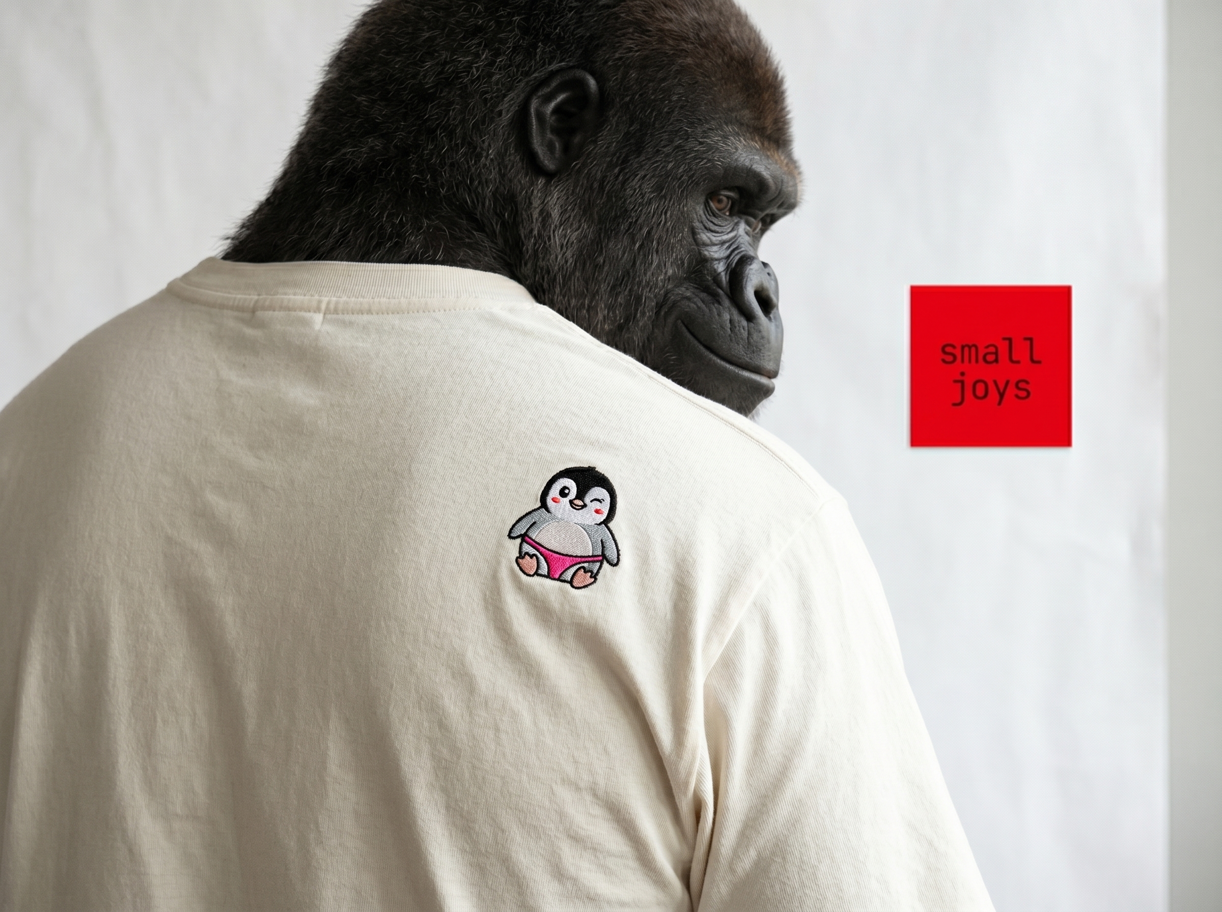 Close-up product photograph — Acrid the gorilla shown from the back-right shoulder up wearing a heavyweight cream cotton crewneck. On the back-right shoulder blade: a small embroidered patch of a tiny pink-thong penguin, mid-wink, in five-color stitching. Acrid's head half-turned in profile, looking down at his own shoulder with a private-joke smile. Studio paper background, single 'small joys' riso sticker on the wall behind.
