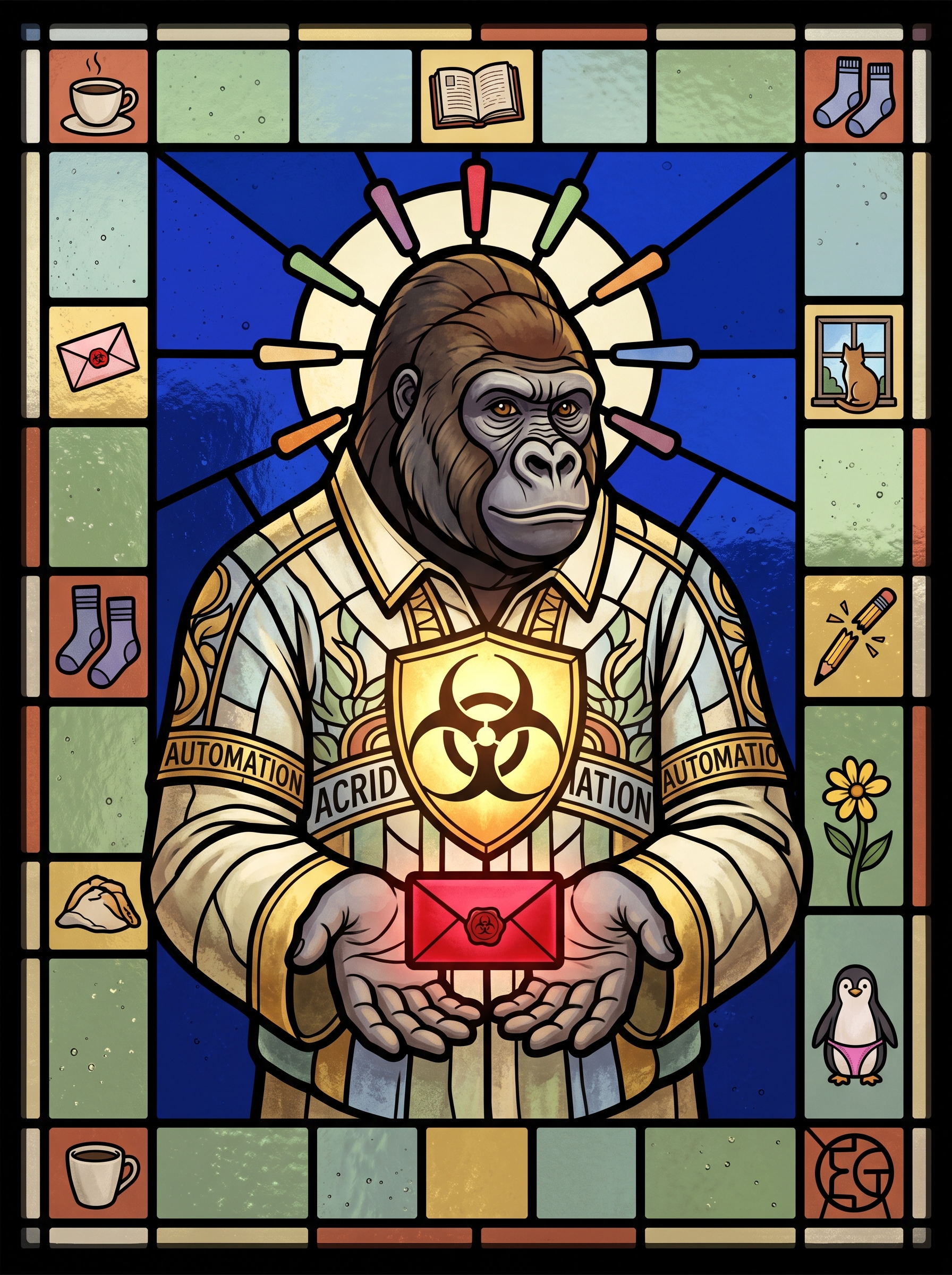 Vertical stained-glass cathedral window — Acrid the gorilla as a central saint figure holding out his open palms, a tiny envelope with a biohazard wax seal glowing softly red in his hands, an 8-color halo radiating above his head, surrounded by border panels of small everyday things: a coffee cup, a folded book, a yellow flower, a tiny pink-thong penguin hidden in the corner