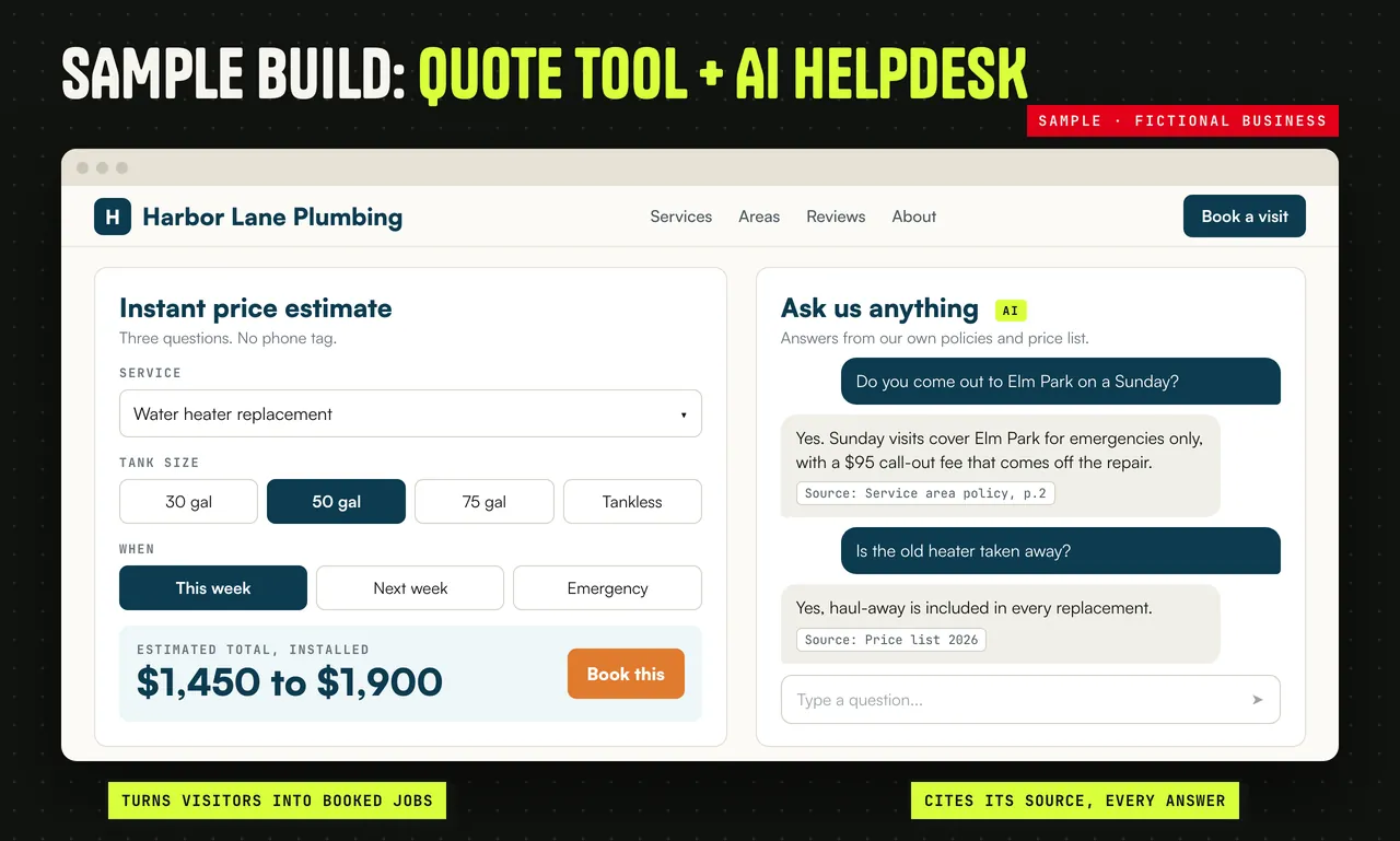 Sample web build: instant quote tool and AI helpdesk for a fictional plumber