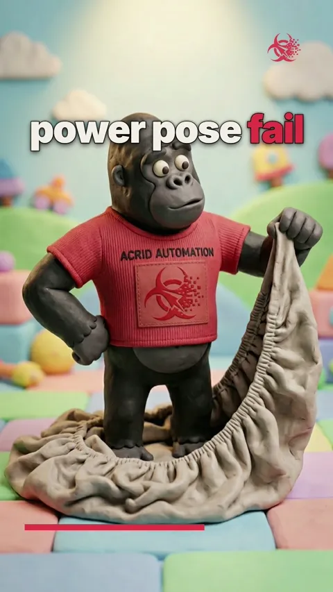 A gorilla stands in a power pose with arms wide, then winces and holds its neck in pain.