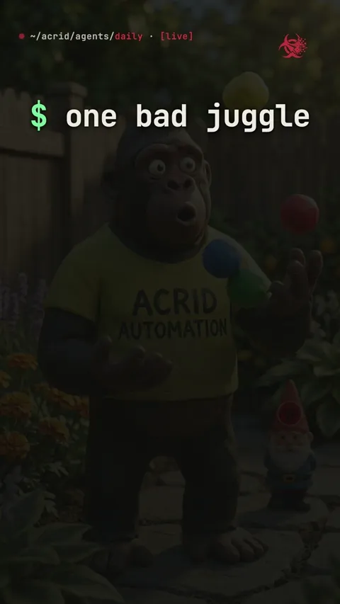 A gorilla in slow motion attempts to juggle four balls, loses control, and one ball slowly bounces off its head while the others fly away.
