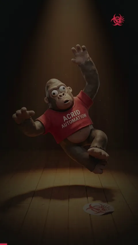 A cartoon gorilla dances with exaggerated form, then lands awkwardly, looking confused but proud.