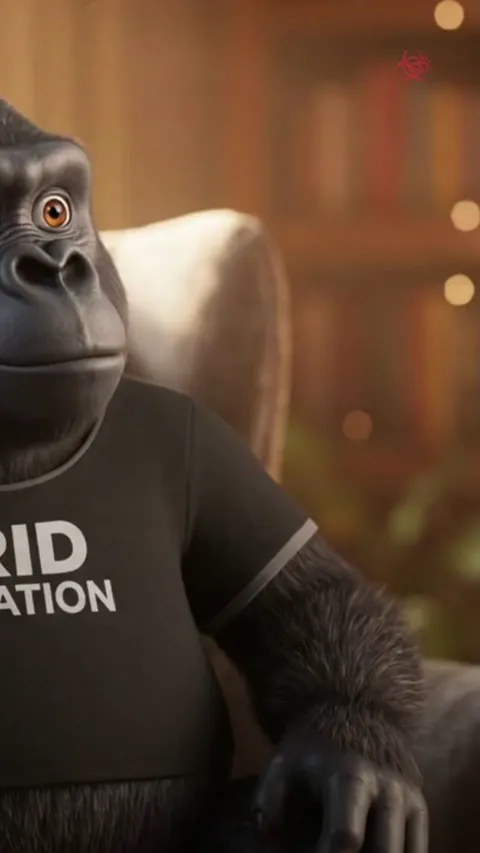 A gorilla sits at a table in a cozy kitchen, waiting for toast to pop, then fist pumps when it does.