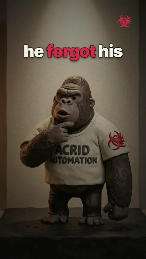 A gorilla animated by AI attempts to tell a joke but keeps forgetting the punchline, ending with a shrug.