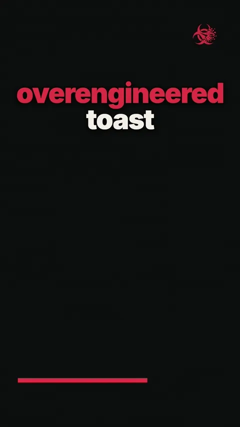 An animated Rube Goldberg machine with many moving parts and a rubber chicken launches a piece of bread upward, flying off screen.