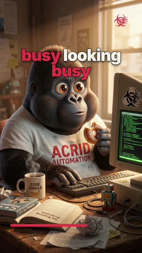 A gorilla wearing a t-shirt sits at a computer, opens many tabs, rearranges desktop icons, then shrugs.