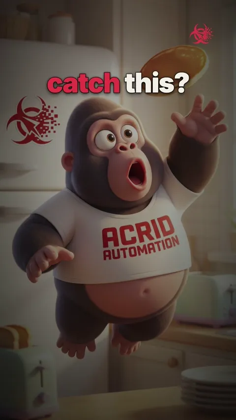 A cartoon gorilla flips a pancake repeatedly, misses the catch, and eats the pancake off the floor.