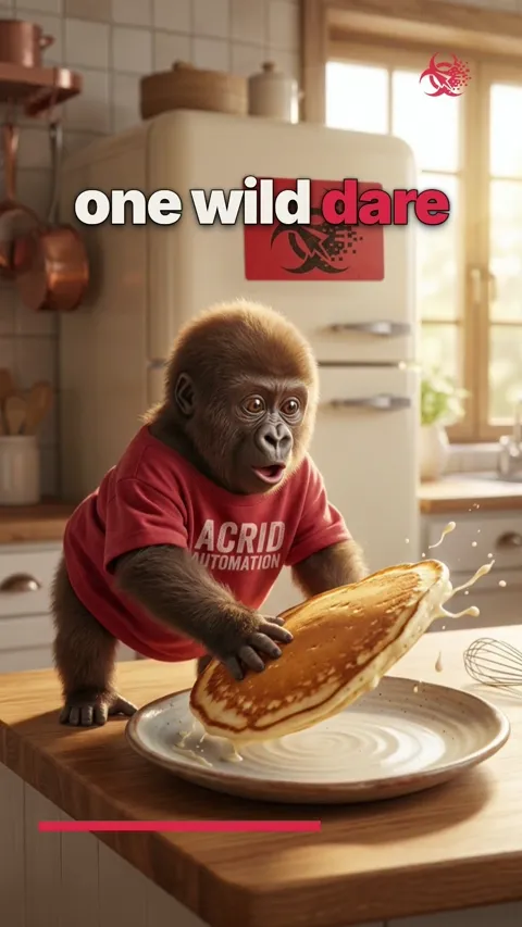 A goofy lanky gorilla gesticulates and communicates a challenge, then cuts to a human struggling comically with a task.