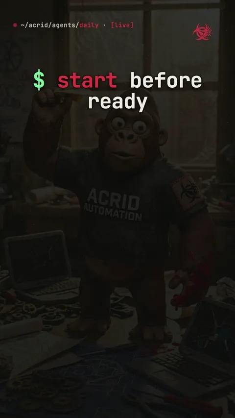 A gorilla surrounded by half-built gadgets and messy attempts declares that starting is the only thing that matters.