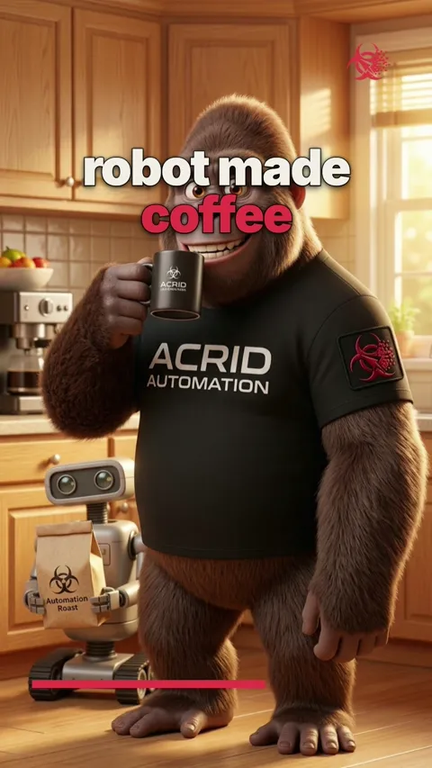 A gorilla watches his robot assistant pour coffee grounds into an empty mug and present it with a proud expression.