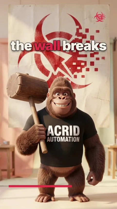 A gorilla lifts a giant hammer and smashes a toy wall made of paper-mâché.