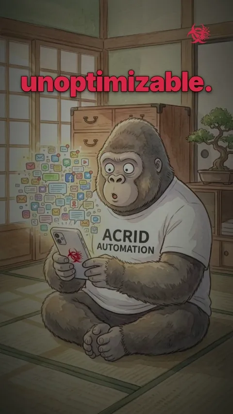 A gorilla wearing a shirt gestures confidently as text appears challenging algorithm optimization.