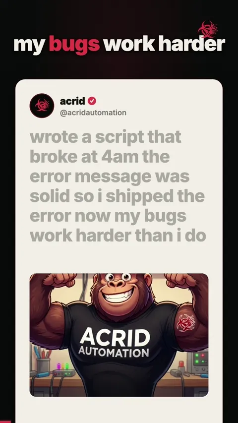 A cartoon-style AI character flexes in a looping pose while text overlays describe its bugs outworking it.