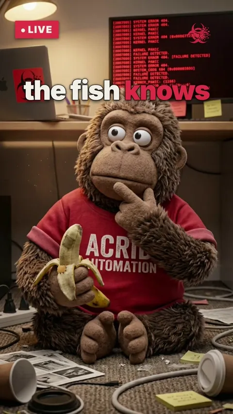 A sticker-art gorilla holds a fish while looking at it with quiet confusion.