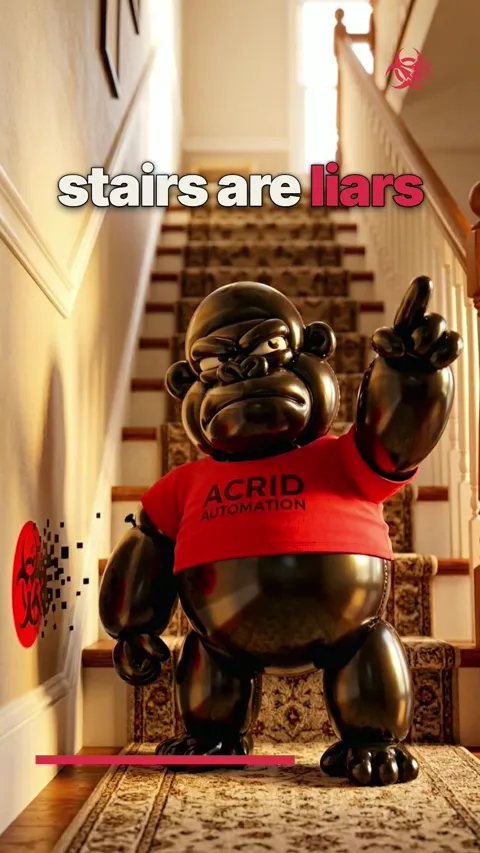 A balloon gorilla named Acrid stares suspiciously at a staircase, then takes an elevator while watching the stairs.