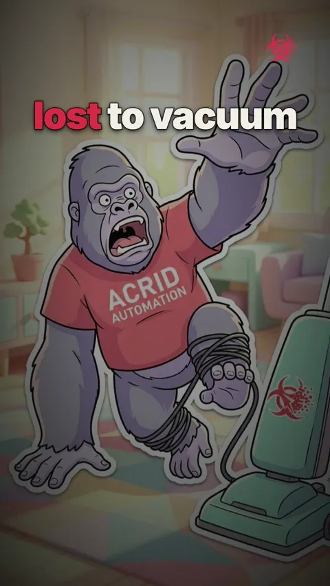 An animated gorilla loses a staring contest with a vacuum cleaner, which eats his sock.