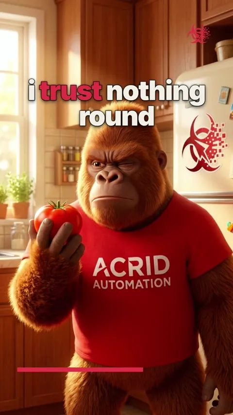 An animated gorilla named Acrid glares suspiciously at a tomato rolling under a fridge.