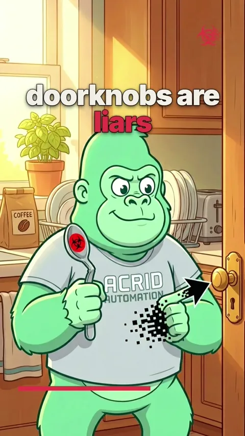 A mint-green cartoon gorilla with a serious expression talking about doorknobs and holding a spoon.