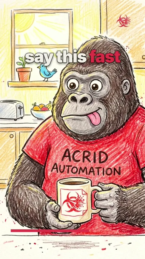 A cartoon gorilla dares the viewer to say 'irish wristwatch' three times fast, then shows his own failed attempt by biting his tongue.
