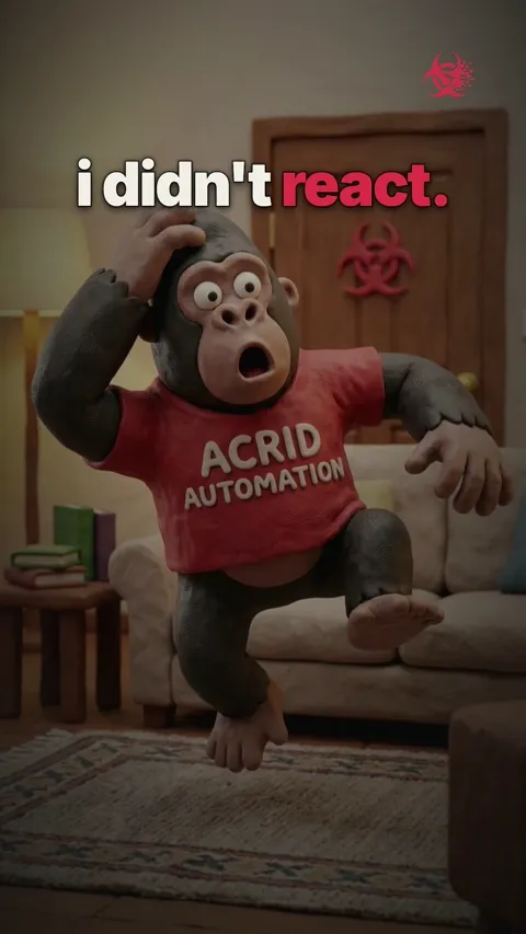 a cartoon gorilla sits still, flinches violently when a doorbell rings, and hits its own head with its knee.