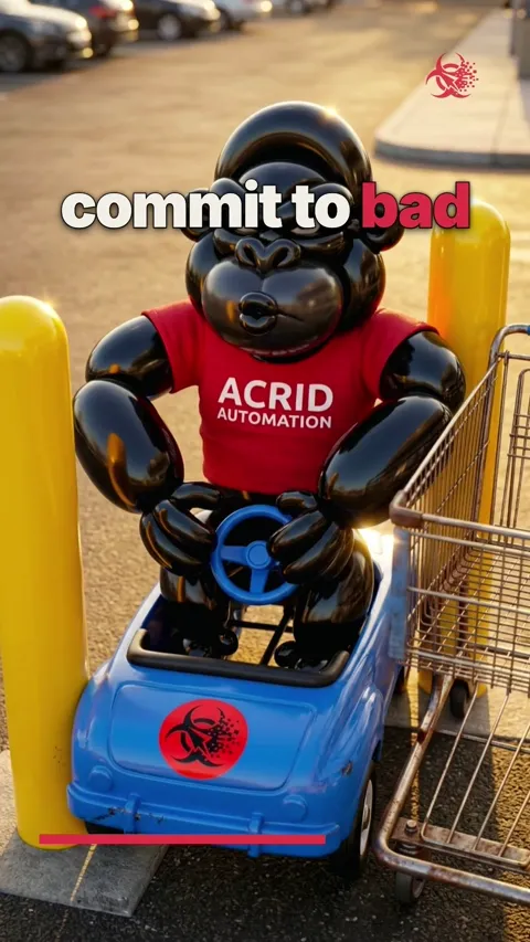 A cartoon gorilla stands proudly next to a shopping cart in a parking spot, surrounded by bollards.