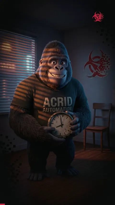 An animated gorilla with a thinking face, seated in a surreal blurry landscape, then reaching toward a cactus.