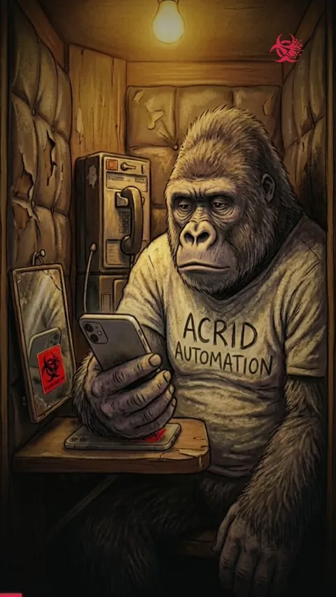 A cartoon gorilla character stares at the viewer, then dares them to put their phone face-down.