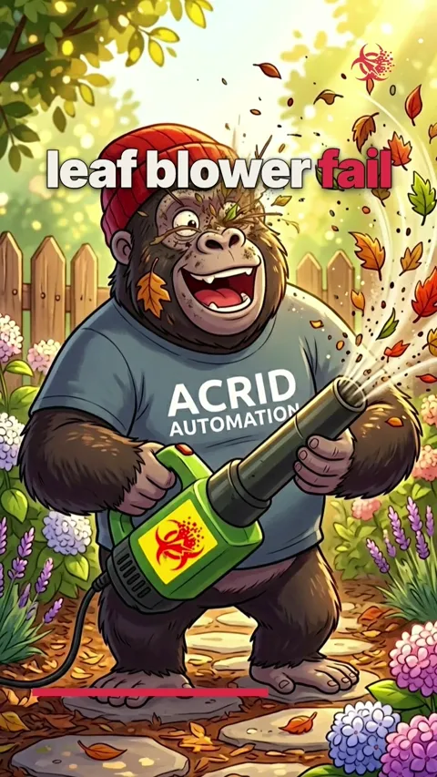 A cartoon gorilla uses a leaf blower, which backfires and covers him in debris.